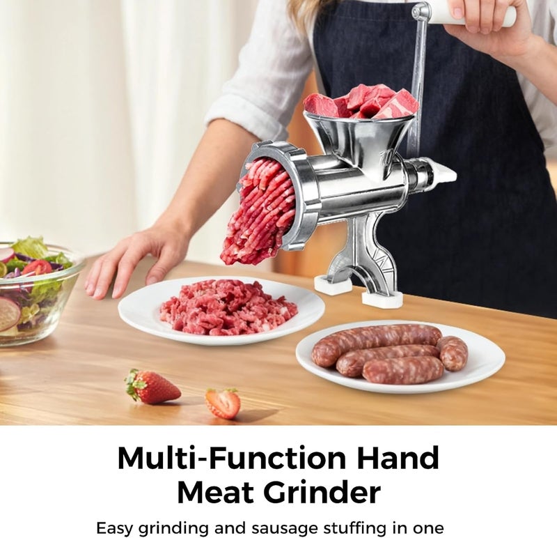 TIMCORR Manual Meat Grinder,304 Stainless Steel Hand Meat Grinder for Home Use, Food Grinder Manual Mincer Hand Crank with 3 Sausage Funnels, Hand Operated Kitchen Tool for Pork, Chili, and Sausage, Silver - Image 3